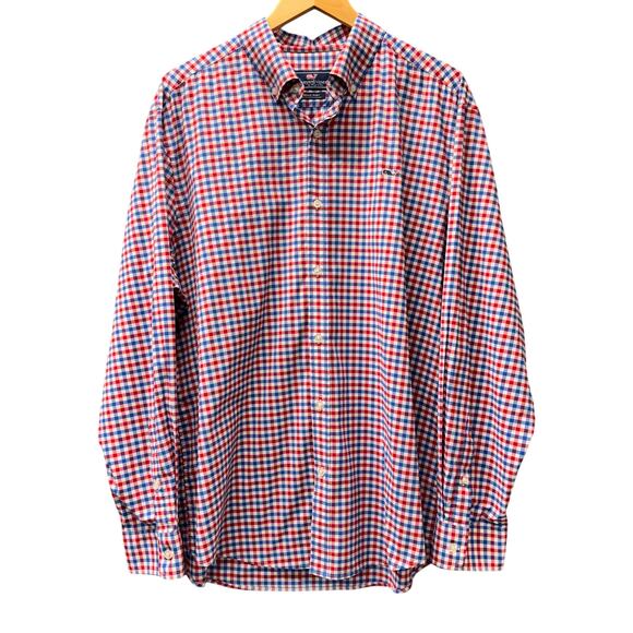 Vineyard Vines Whale Shirt Mens XL Button Down Red White Blue Check Performance - Picture 1 of 7